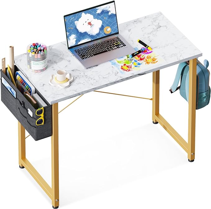 ODK Laptop Desk Study Desk, 32 Inch Small Desk, Writing Desk with Storage, Work Table with Headphone Hook for Small Space Home Office, White Marble + Gold Leg - LeafyLoom