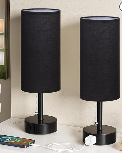 Black Bedside Table Lamps Set of 2-3 Color Temperatures Pull Chain Lamp with AC Outlet Charging Port, Two Round Night Stand Lamps for Bedroom Office, Small Bed Side Light with E26 LED Bulbs - LeafyLoom