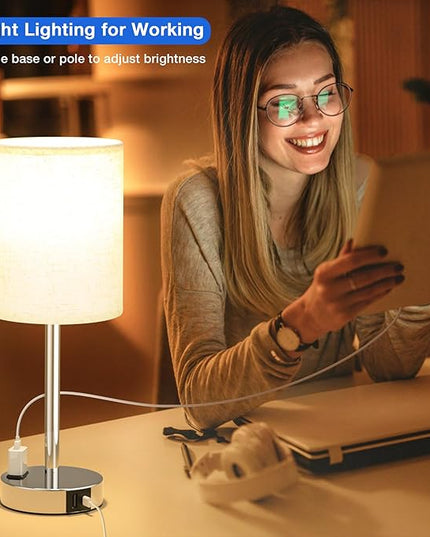 Touch Lamps for Bedrooms Set of 2 Modern - White 3 Way Dimmable Bedside Lamp with USB C and A Ports and Outlets, Nightstand Lamp with Silver Base, Small Table Lamps for Nursery Kids Girl and Boy - LeafyLoom