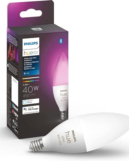 Philips Hue Smart 40W B39 Candle-Shaped LED Bulb - White and Color Ambiance Color-Changing Light - 1 Pack - 450LM - E12 - Control with Hue App - Works with Alexa, Google Assistant and Apple Homekit PhilipsHue