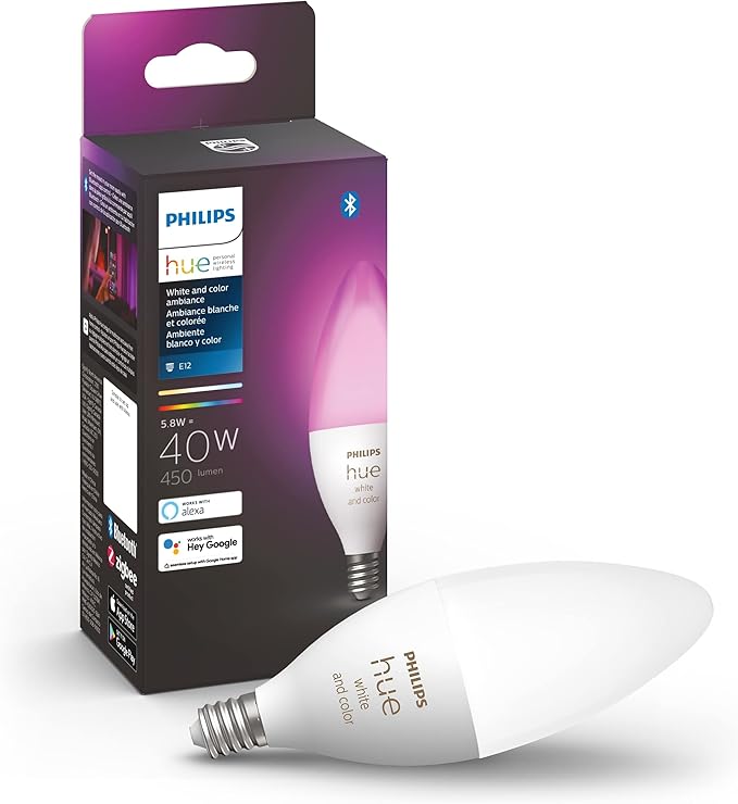 Philips Hue Smart 40W B39 Candle-Shaped LED Bulb - White and Color Ambiance Color-Changing Light - 1 Pack - 450LM - E12 - Control with Hue App - Works with Alexa, Google Assistant and Apple Homekit PhilipsHue