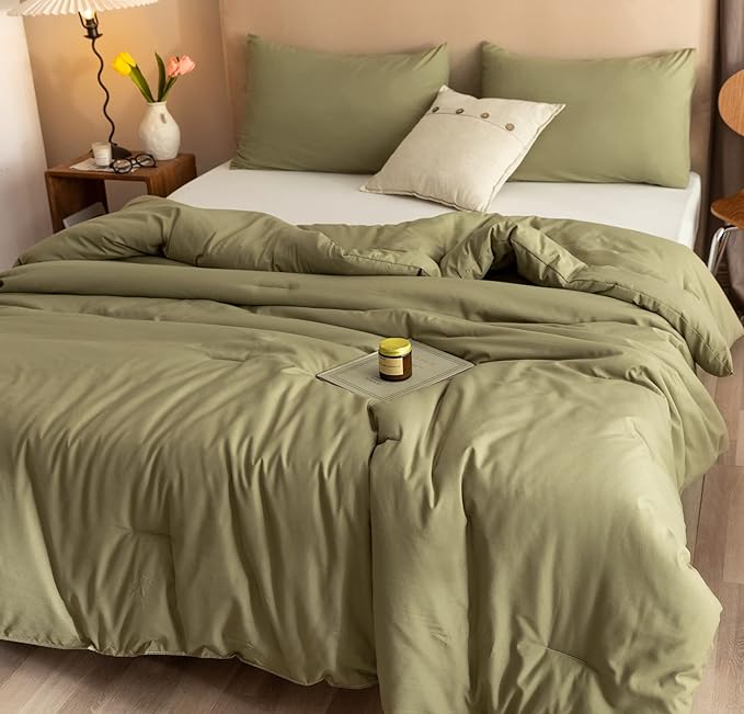 ROSGONIA Comforter Full Size for Girls Boys Teens Olive Green, 3pcs (1 Olive Comforter & 2 Pillowcases), Lightweight Dorm Bedding Blanket Quilts - LeafyLoom