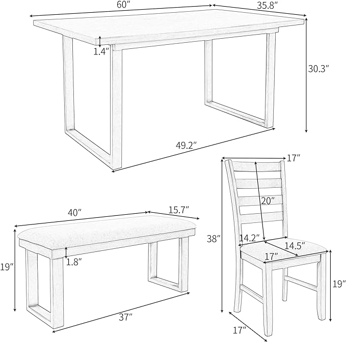 Simple Style Family Furniture, Solid Wood Rectangular 4 Chairs with Bench, A Stable Frame and a Long lifespan, Room, 6 Piece Dining Table Set, Gray 9 - LeafyLoom