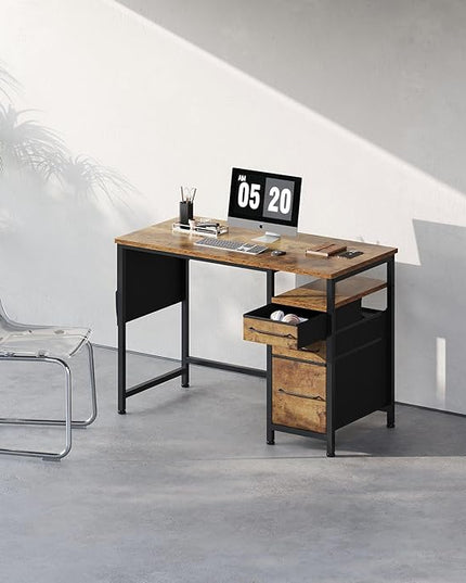 Ｍａｉｈａｉｌ Maihail Small Desk with Drawers, 40 inch Computer Desk with Shelves, Writing Desk with Storage, Small Office Desk with Metal Frame, Rustic Brown2 - LeafyLoom