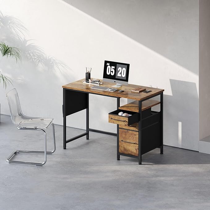 Ｍａｉｈａｉｌ Maihail Small Desk with Drawers, 40 inch Computer Desk with Shelves, Writing Desk with Storage, Small Office Desk with Metal Frame, Rustic Brown2 - LeafyLoom