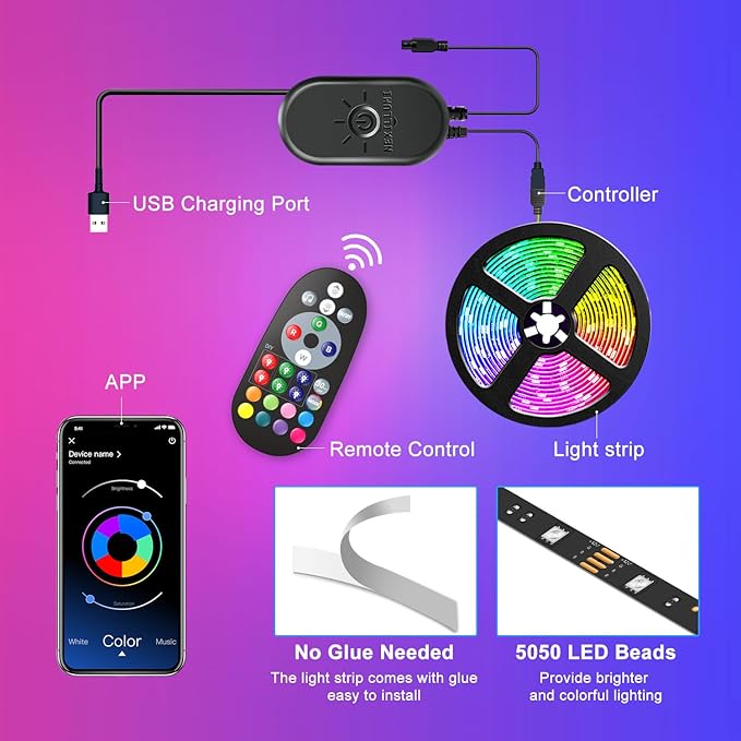 Nexillumi LED Lights for TV, 13.2ft TV LED Backlight for 32-65 Inch, RGB LED Strip Lights Behind TV, APP Remote Control Music Sync TV Led Lights for Bedroom Nexillumi