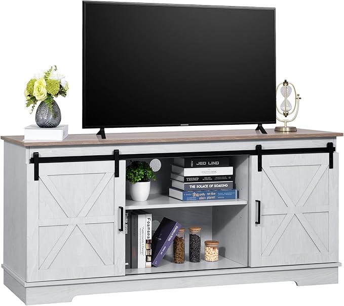 YITAHOME Farmhouse TV Stand for 65/60/55 Inch, Modern Entertainment Center with Sliding Barn Door, Wood TV Media Console Storage TV Cabinet for Living Room for 300lbs, Grey White & Grey Wash - LeafyLoom