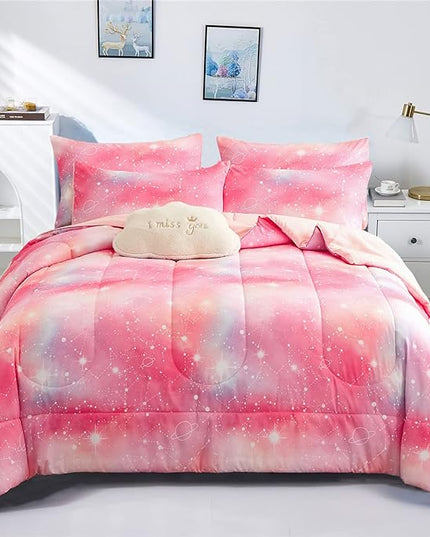 Pink Ombre Glitter Galaxy Comforter Set Twin Size for Girls, Sparkle Constellation Starry Sky Comforter for Kids Teen, 2 Piece Soft Microfiber Bedding Sets with 1 Pillow Case for All Season(Pink,Twin) - LeafyLoom