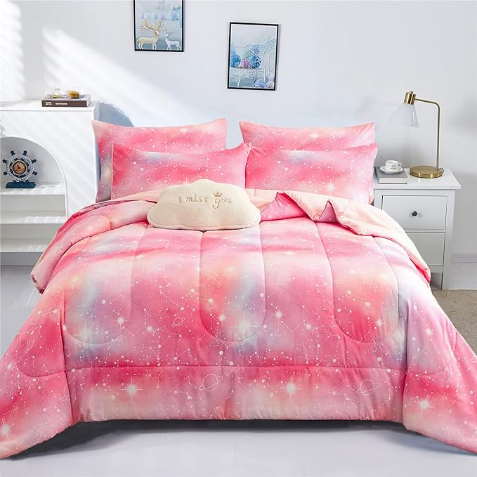 KAKKI Pink Galaxy Queen Comforter Set, 3-Piece, 88"x88" - LeafyLoom