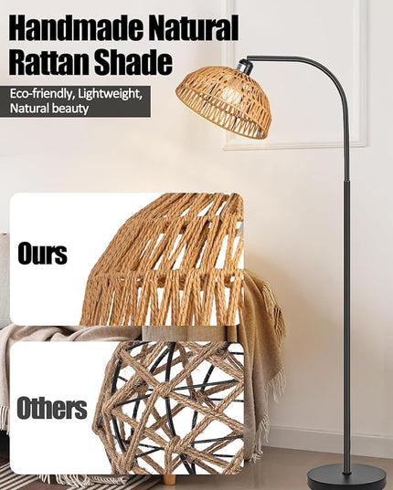 Rattan Floor Lamp- Boho Standing Lamp with Remote Control and Dimmable Bulb, Hand-Worked Adjustable Rattan Shades, Black Farmhouse Tall Lamp, Boho Arc Floor Lamps for Living Room, Bedroom, Office - LeafyLoom