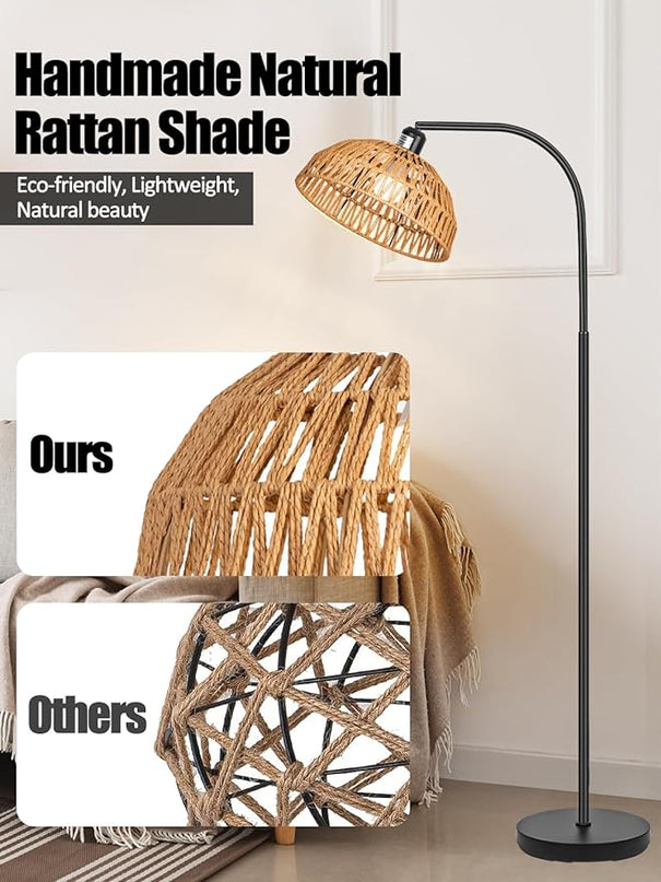 Rattan Floor Lamp- Boho Standing Lamp with Remote Control and Dimmable Bulb, Hand-Worked Adjustable Rattan Shades, Black Farmhouse Tall Lamp, Boho Arc Floor Lamps for Living Room, Bedroom, Office - LeafyLoom