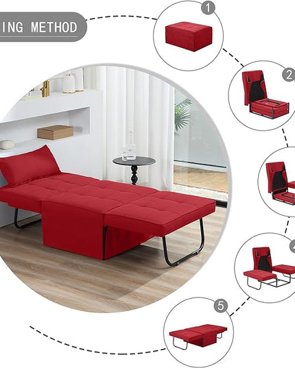 Sofa Bed, 4 in 1 Multi-Function Folding Ottoman Breathable Linen Couch Bed with Adjustable Backrest Modern Convertible Chair for Living Room Apartment Office,Red - LeafyLoom