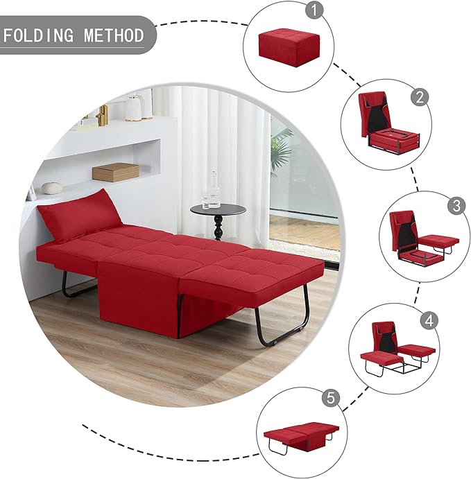 Sofa Bed, 4 in 1 Multi-Function Folding Ottoman Breathable Linen Couch Bed with Adjustable Backrest Modern Convertible Chair for Living Room Apartment Office,Red - LeafyLoom