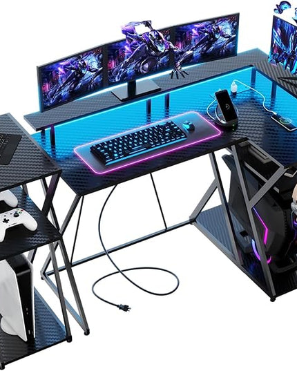 47 Inch L Shaped Gaming Desk L Desk Gaming Desk with Led Lights Computer Desk with Power Outlets Gaming Table Corner Desk for Bedroom Small Desk for Home Office,Black - LeafyLoom