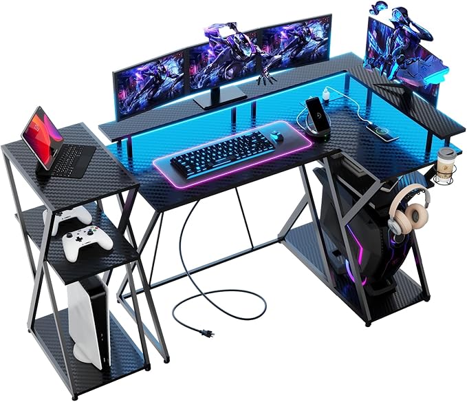 47 Inch L Shaped Gaming Desk L Desk Gaming Desk with Led Lights Computer Desk with Power Outlets Gaming Table Corner Desk for Bedroom Small Desk for Home Office,Black - LeafyLoom