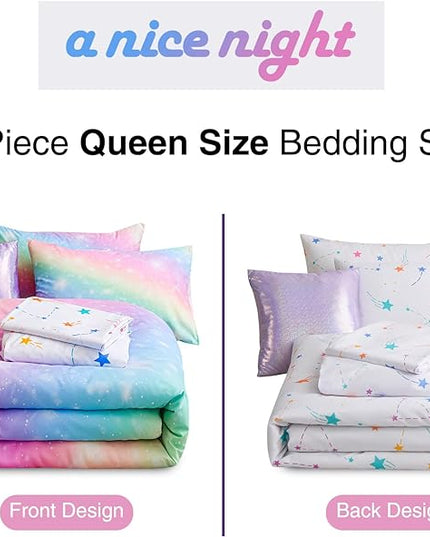 A Nice Night 6Pcs Gradient Glitter Bedding Set for Girls, Colorful Rainbow Galaxy Comforter Set, Ultra Soft Bedding Sets (Pink,Queen 6Pcs) - LeafyLoom