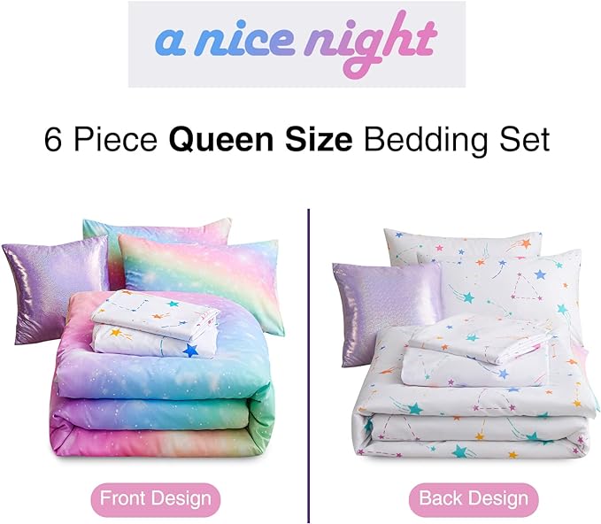 A Nice Night 6Pcs Gradient Glitter Bedding Set for Girls, Colorful Rainbow Galaxy Comforter Set, Ultra Soft Bedding Sets (Pink,Queen 6Pcs) - LeafyLoom