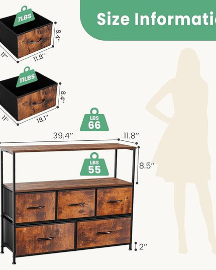 ANTONIA TV Stand Dresser for Bedroom with 5 Fabric Drawer, Entertainment Center for 45 inch Television, Media Console Table with Storage, Open Shelf, Adjustable Feet, Living Room Furniture, Brown - LeafyLoom