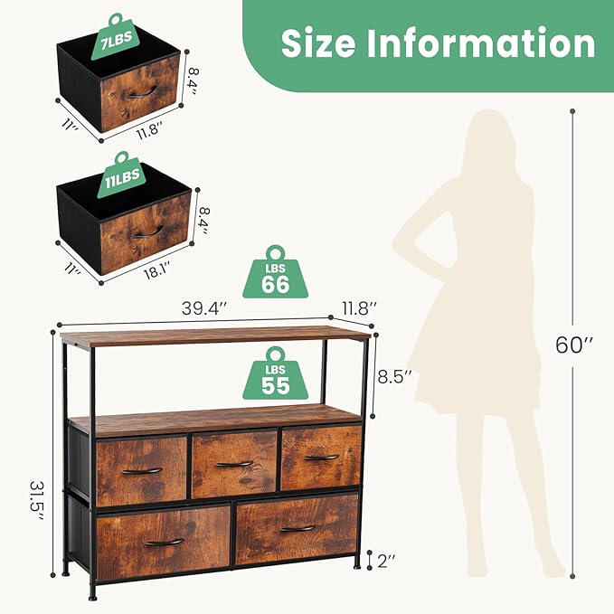 ANTONIA TV Stand Dresser for Bedroom with 5 Fabric Drawer, Entertainment Center for 45 inch Television, Media Console Table with Storage, Open Shelf, Adjustable Feet, Living Room Furniture, Brown - LeafyLoom