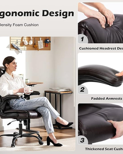 Office Chair - Ergonomic Executive Computer Desk Chairs with Adjustable Flip-up Armrest, Swivel Task Chair with Lumbar Support, Strong Metal Base, PU Leather, Brown - LeafyLoom