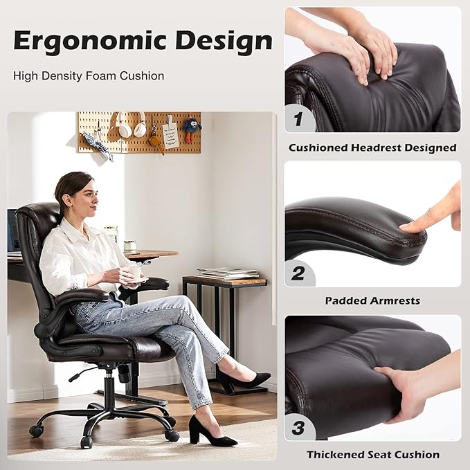JHK Leather Office Chair with Flip Up Arms, Executive High Back Big and Tall Desk Chairs with Ergonomic Lumbar Support, Adjustable Height,Wheels, Soft Padded, Brown - LeafyLoom