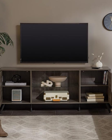Walker Edison Saxon Mid Century Modern Glass Shelf TV Stand for TVs up to 65 Inches, 60 Inch, Slate Grey - LeafyLoom