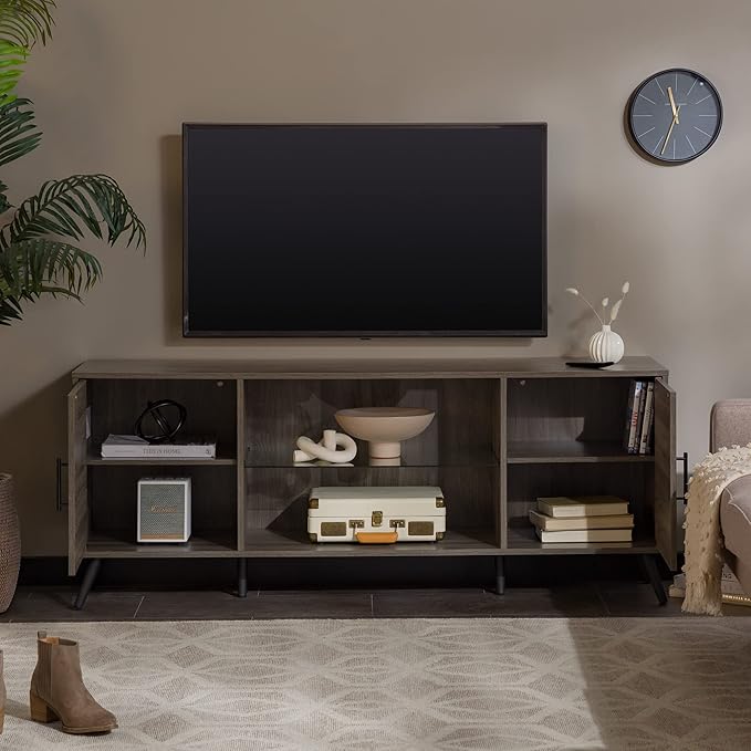Walker Edison Saxon Mid Century Modern Glass Shelf TV Stand for TVs up to 65 Inches, 60 Inch, Slate Grey - LeafyLoom