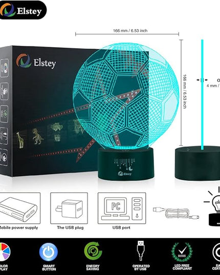Elstey Soccer 3D LED Night Light Touch Table Desk Optical Illusion Lamps, 7 Color Changing Lights with Acrylic Flat & ABS Base & USB Charger - LeafyLoom