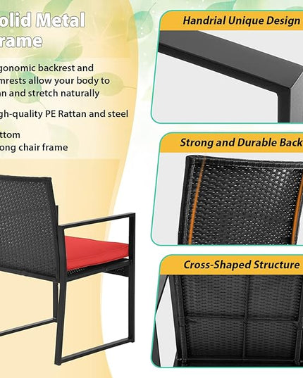 FDW Patio Furniture Sets 3 Piece Outdoor Bistro Set Wicker Patio Chairs Rattan Outdoor Furniture for Backyard Porch Poolside Lawn,Red Cushion - LeafyLoom