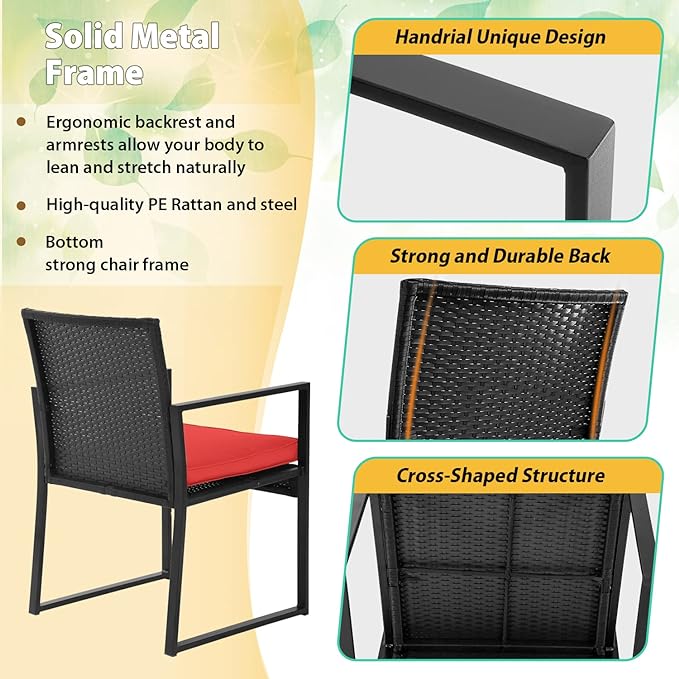 FDW Patio Furniture Sets 3 Piece Outdoor Bistro Set Wicker Patio Chairs Rattan Outdoor Furniture for Backyard Porch Poolside Lawn,Red Cushion - LeafyLoom