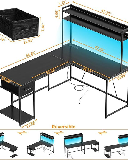 L Shaped Gaming Desk, Reversible L Shaped Computer Desk with Drawers, Led Lights & Power Outlets for Home Office Black - LeafyLoom