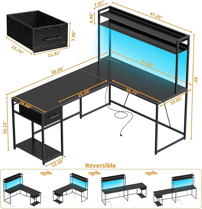 L Shaped Gaming Desk, Reversible L Shaped Computer Desk with Drawers, Led Lights & Power Outlets for Home Office Black - LeafyLoom