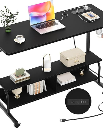 Height Adjustable Standing Desk with Power Outlets, 47" Manual Stand Up Desk with Storage Shelves Small Mobile Rolling Computer Desk Portable Laptop Table with Wheels for Home Office, Black - LeafyLoom
