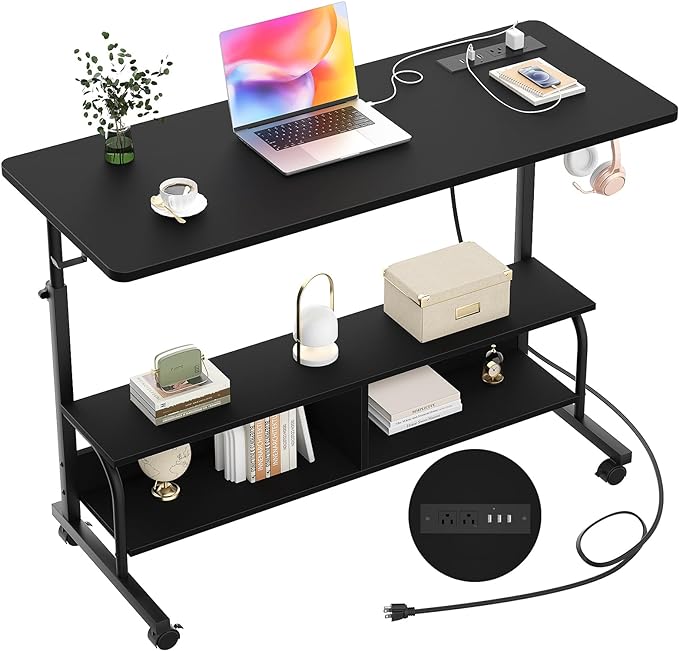 Height Adjustable Standing Desk with Power Outlets, 47" Manual Stand Up Desk with Storage Shelves Small Mobile Rolling Computer Desk Portable Laptop Table with Wheels for Home Office, Black - LeafyLoom