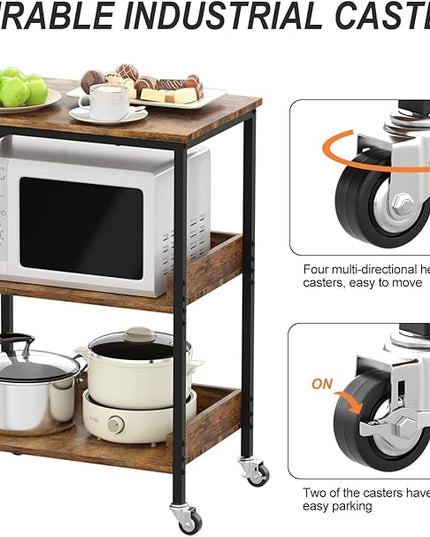 ASTARTH Kitchen Microwave Cart, 3 Tier Rolling Kitchen Utility Cart on Wheels Coffee Cart, Microwave Kitchen Islands Cart with Storage, for Living and Kitchen Room, Coffee Station for Kitchen - LeafyLoom