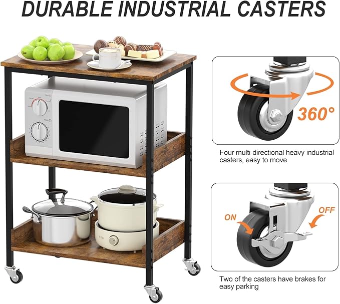 ASTARTH Kitchen Microwave Cart, 3 Tier Rolling Kitchen Utility Cart on Wheels Coffee Cart, Microwave Kitchen Islands Cart with Storage, for Living and Kitchen Room, Coffee Station for Kitchen - LeafyLoom