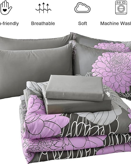 Yiran King Size Comforter Set Grey Purple Comforter Floral Bedding Comforter Set 7 Pieces Soft Microfiber Bed Set for All Seasons 103"×90" - LeafyLoom