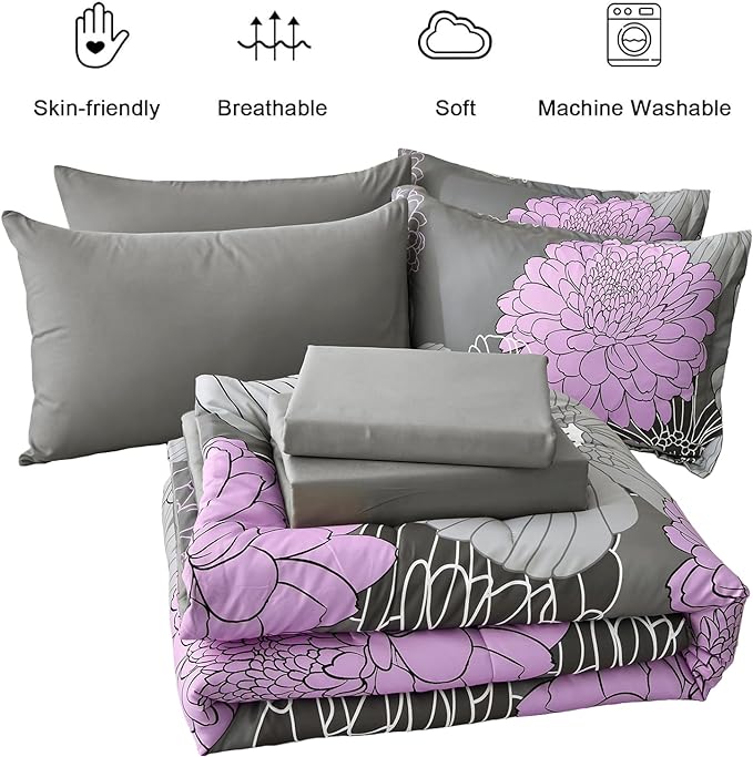 Yiran King Size Comforter Set Grey Purple Comforter Floral Bedding Comforter Set 7 Pieces Soft Microfiber Bed Set for All Seasons 103"×90" - LeafyLoom