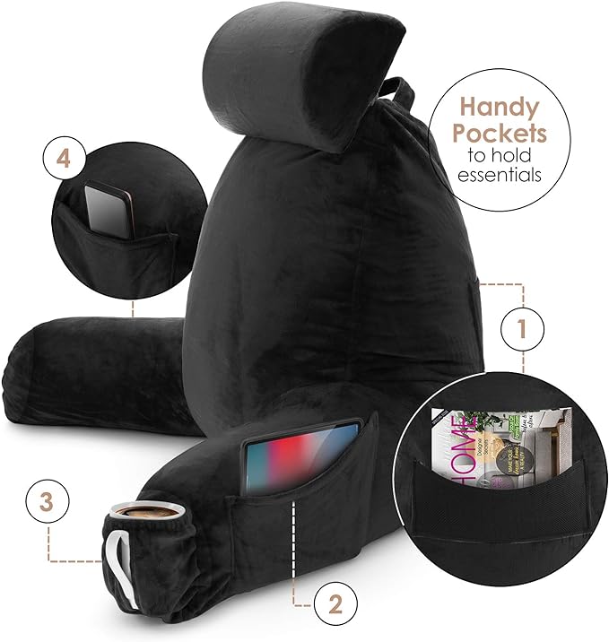 Clara Clark Reading Pillow, Large Back Pillow for Sitting Up in Bed, Memory Foam Back Support Pillow, Reading Pillows for Sitting in Bed Adult, Black Sit Up Pillow for Bed Chair with Arms and Pockets - LeafyLoom