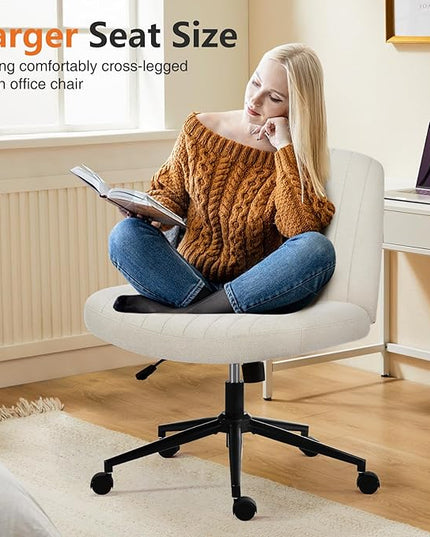 Sweetcrispy Criss Cross Office Chair with Wheels, Wide Armless Home Office Desk Chair with Dual-Purpose Base, Swivel Adjustable Fabric Task Vanity Computer Chair, Beige - LeafyLoom