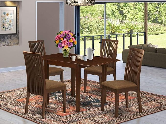 East West Furniture NDIP5-MAH-C Norden 5 Piece Dining Set Includes a Rectangle Kitchen Table with Dropleaf and 4 Linen Fabric Upholstered Chairs, 30x48 Inch, Mahogany - LeafyLoom