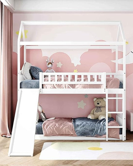 Twin Over Twin Bunk Bed with Slide for Kids Bedroom,Solid Pinewood Bedframe,House Bunkbeds w/Safety Guardrails & Roof Design,No Box Spring Needed, White - LeafyLoom