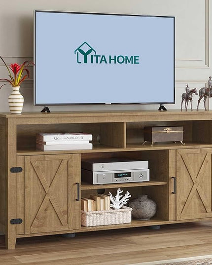 YITAHOME Highboy Farmhouse Barn Door TV Stand for 65 Inch TV, Modern Entertainment Center for 300 lbs, Rustic TV Media Console Storage TV Cabinet for Living Room, Barnwood, 59.5” - LeafyLoom