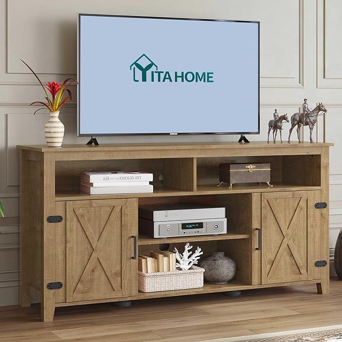YITAHOME Highboy Farmhouse Barn Door TV Stand for 65 Inch TV, Modern Entertainment Center for 300 lbs, Rustic TV Media Console Storage TV Cabinet for Living Room, Barnwood, 59.5” - LeafyLoom