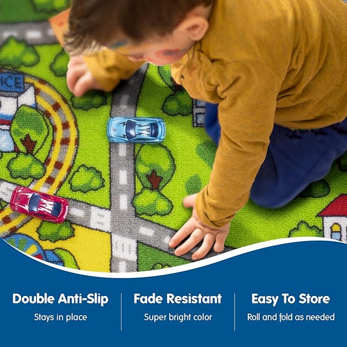 Booooom Jackson Kids Car Carpet Playmat Rug 60"x32",Train Car Rug,Car Mat for Kids Toy Cars,City Kids Car Rug Play Mat,Non Slip Kids Rug for Playroom Bedroom Boys,Children Play Area Rug Cars,Road Rug - LeafyLoom