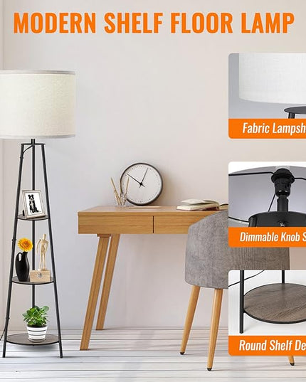 Floor Lamp, 3-Tier Round Corner Shelf Floor Lamp with 3 Dimmable Levels - Simple Standing Lamp with White Fabric Shade, Tall Modern Floor Lamps with Shelves for Bedroom, Living Room and Office - LeafyLoom