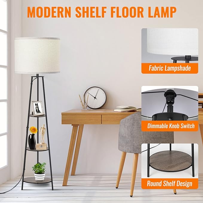 Floor Lamp, 3-Tier Round Corner Shelf Floor Lamp with 3 Dimmable Levels - Simple Standing Lamp with White Fabric Shade, Tall Modern Floor Lamps with Shelves for Bedroom, Living Room and Office - LeafyLoom