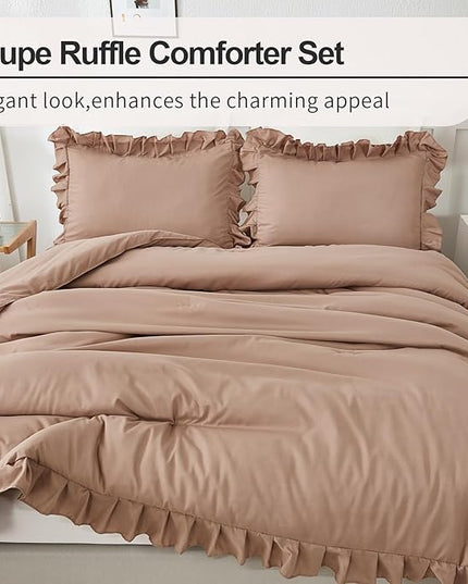 Andency Taupe Queen Comforter Set(90x90Inch), 3 Pieces(1 Ruffle Comforter and 2 Pillowcases) Solid Bedding Comforter Sets for Queen Bed, Lightweight and Fluffy Soft Microfiber Bedding Set - LeafyLoom