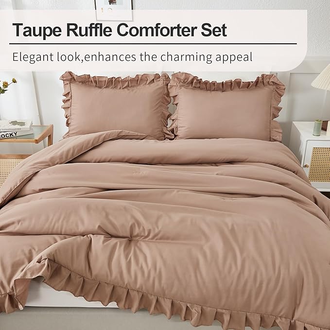 Andency Taupe King Comforter Set(104x90Inch), 3 Pieces(1 Ruffle Comforter and 2 Pillowcases) Lightweight and Fluffy Bedding Comforter Set, All Season Soft Microfiber Shabby Chic Bedding Set - LeafyLoom