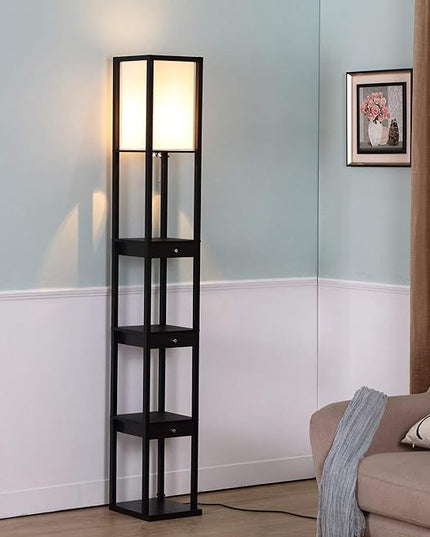 Brightech Maxwell Drawer Edition - Modern Shelf Floor Lamp with Drawer - Corner Display Floor Lamps with Shelves for Living Room, Bedroom and Office - Black - LeafyLoom